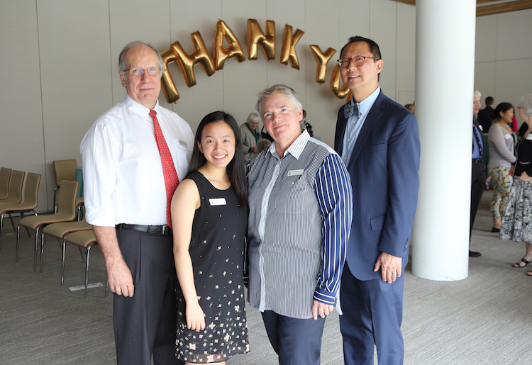 Left to right: Neil Guppy, Co-Chair, Faculty and Staff Giving Advisory Committee, Student Award recipient Tiffany Lee, and Debbie Harvie, Co-Chair, of the Faculty and Staff Giving Advisory Committee, Santa Ono